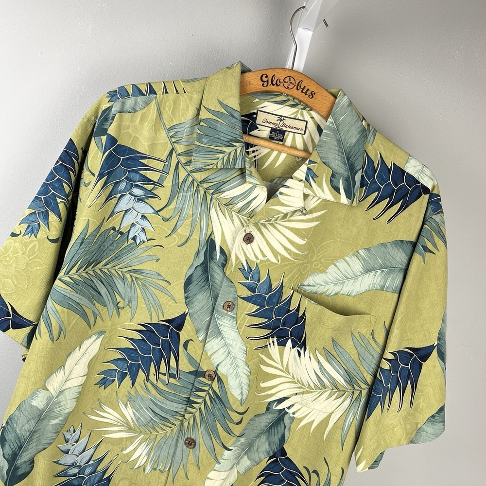 Tommy Bahama Silk Hawaiian Shirt Mens‎ M Green Blue Palm Leaf Resort Tropical